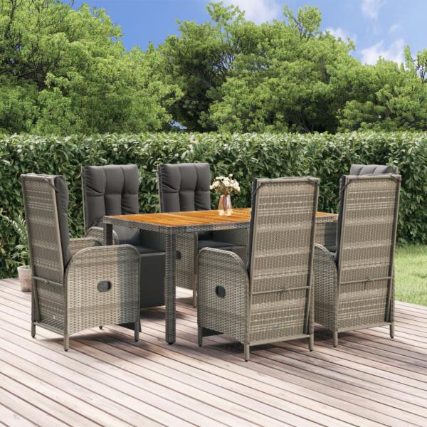 ARDEBO.de - 7-tlg. Garten-Essgruppe mit Kissen Grau Poly Rattan