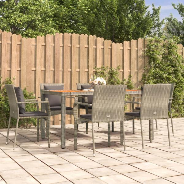 ARDEBO.de - 7-tlg. Garten-Essgruppe mit Kissen Grau Poly Rattan