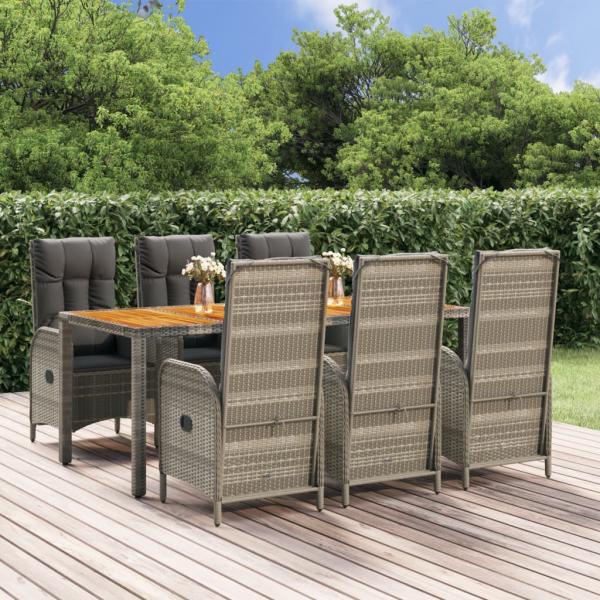 ARDEBO.de - 7-tlg. Garten-Essgruppe mit Kissen Grau Poly Rattan