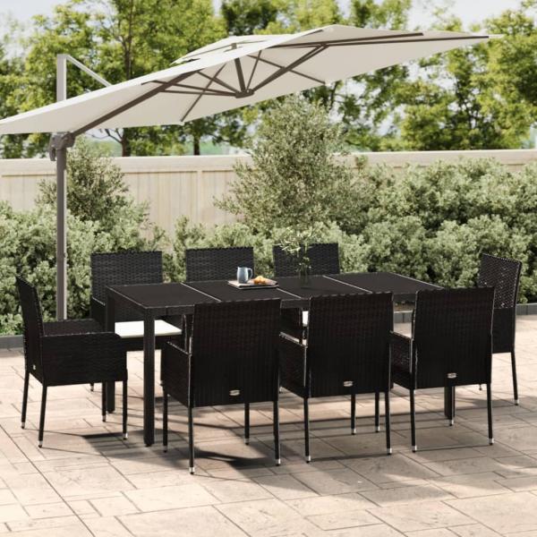 ARDEBO.de - 9-tlg. Garten-Essgruppe mit Kissen Schwarz Poly Rattan