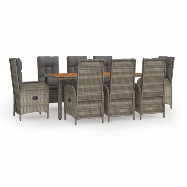 9-tlg. Garten-Essgruppe mit Kissen Grau Poly Rattan