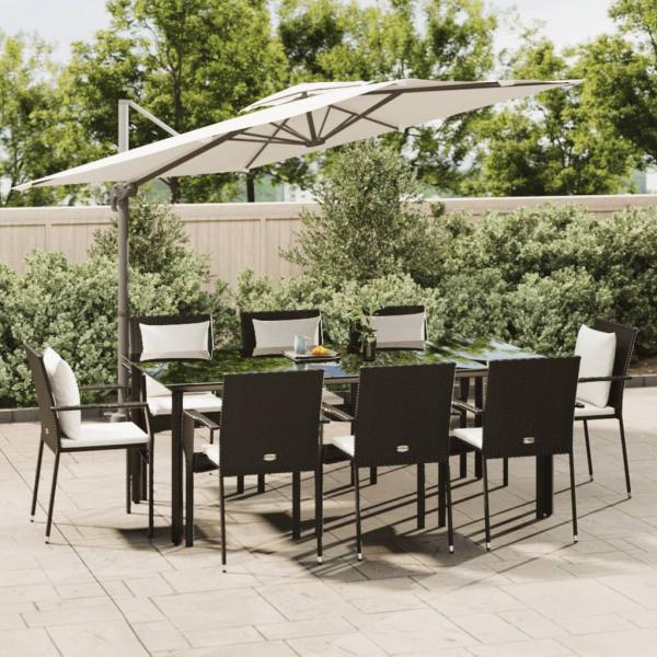 ARDEBO.de - 9-tlg. Garten-Essgruppe mit Kissen Schwarz Poly Rattan