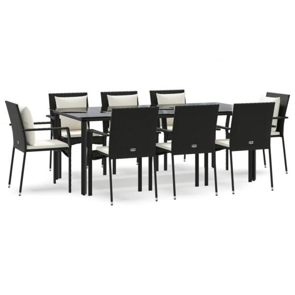 9-tlg. Garten-Essgruppe mit Kissen Schwarz Poly Rattan