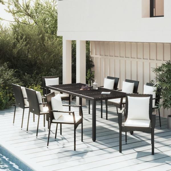 ARDEBO.de - 9-tlg. Garten-Essgruppe mit Kissen Schwarz Poly Rattan