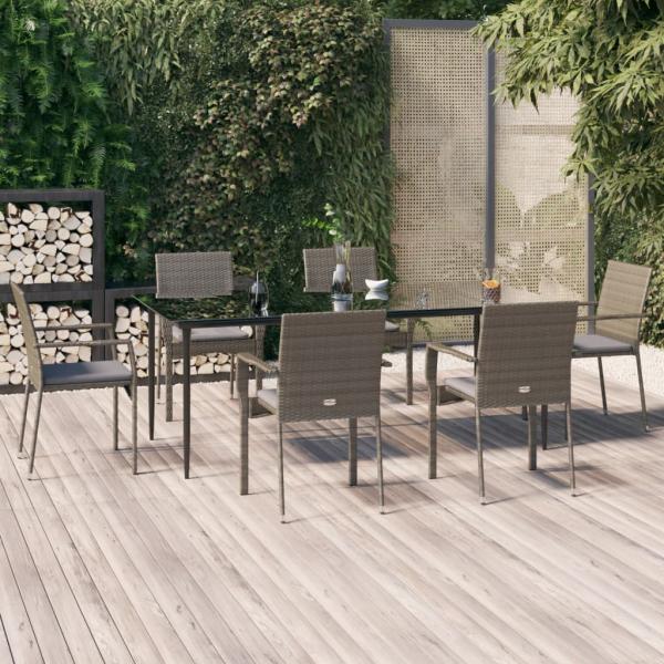 ARDEBO.de - 7-tlg. Garten-Essgruppe mit Kissen Schwarz und Grau Poly Rattan