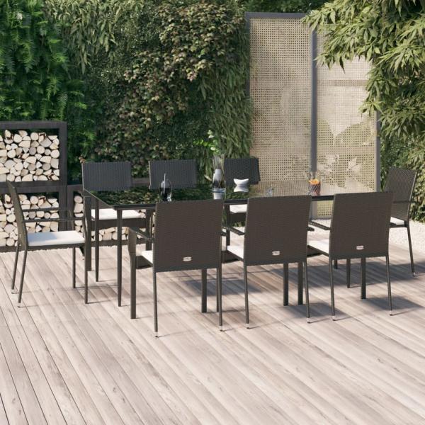 ARDEBO.de - 9-tlg. Garten-Essgruppe mit Kissen Schwarz Poly Rattan