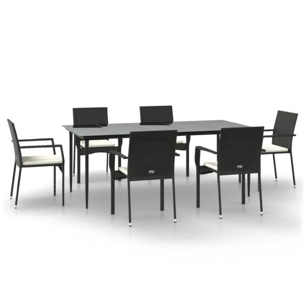 7-tlg. Garten-Essgruppe mit Kissen Schwarz Poly Rattan