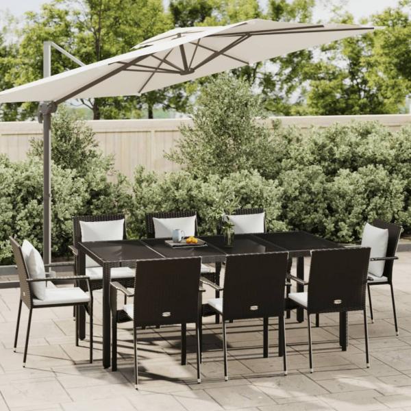 ARDEBO.de - 9-tlg. Garten-Essgruppe mit Kissen Schwarz Poly Rattan