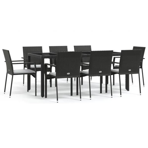 9-tlg. Garten-Essgruppe mit Kissen Schwarz Poly Rattan