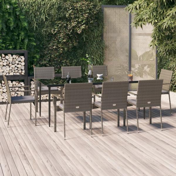 ARDEBO.de - 9-tlg. Garten-Essgruppe mit Kissen Schwarz und Grau Poly Rattan