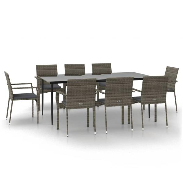 9-tlg. Garten-Essgruppe mit Kissen Schwarz und Grau Poly Rattan