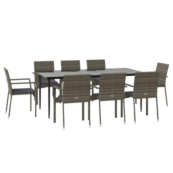 9-tlg. Garten-Essgruppe mit Kissen Schwarz und Grau Poly Rattan