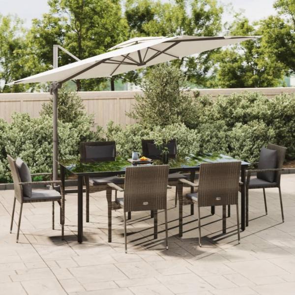 ARDEBO.de - 7-tlg. Garten-Essgruppe mit Kissen Schwarz und Grau Poly Rattan