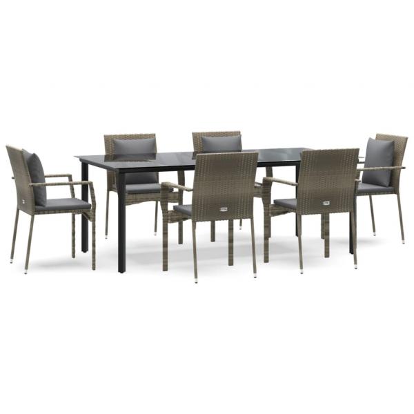 7-tlg. Garten-Essgruppe mit Kissen Schwarz und Grau Poly Rattan