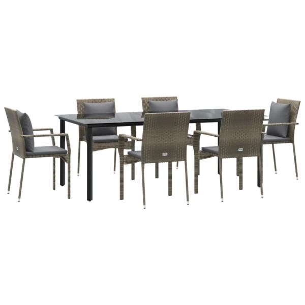 7-tlg. Garten-Essgruppe mit Kissen Schwarz und Grau Poly Rattan