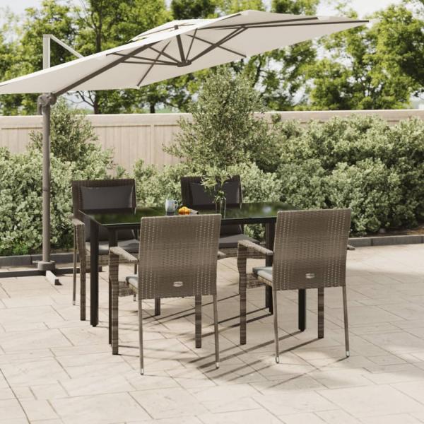 ARDEBO.de - 5-tlg. Garten-Essgruppe mit Kissen Schwarz und Grau Poly Rattan