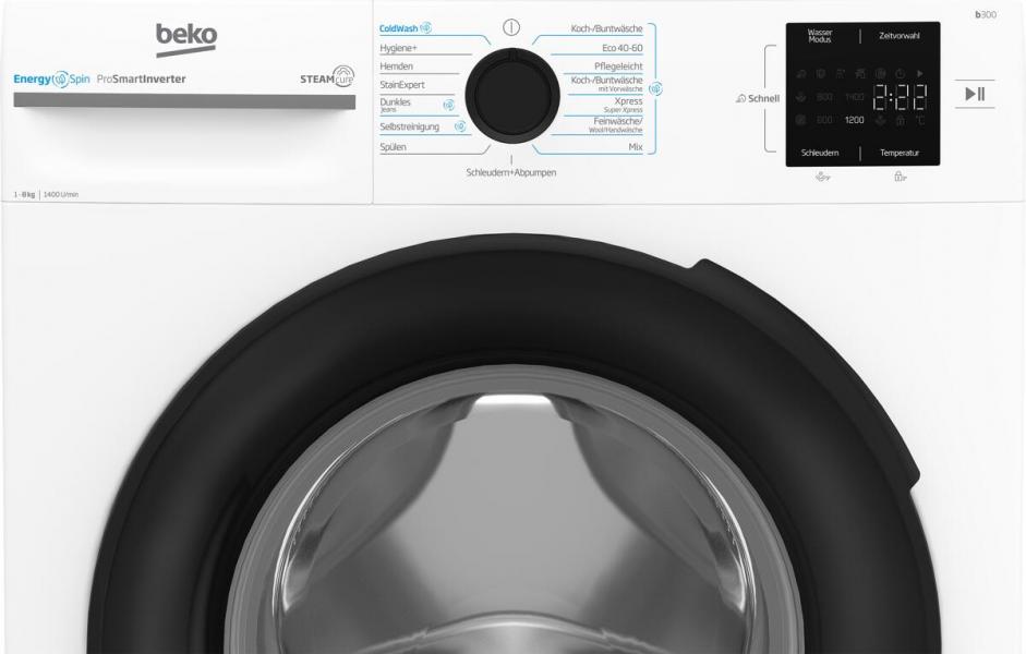 Beko BM3WFU3841X 8 kg Frontlader Waschmaschine, 60 cm breit, 1400 U/Min, EnergySpin, Kindersicherung, SteamCure, 15 Programme, weiß