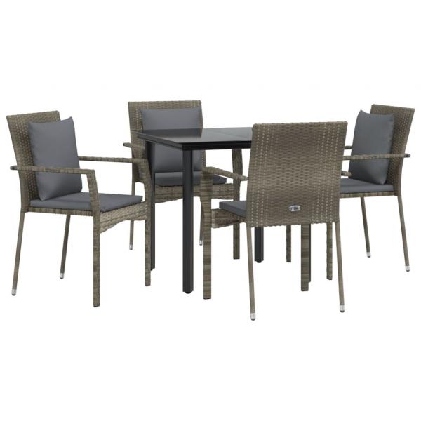 5-tlg. Garten-Essgruppe mit Kissen Schwarz und Grau Poly Rattan