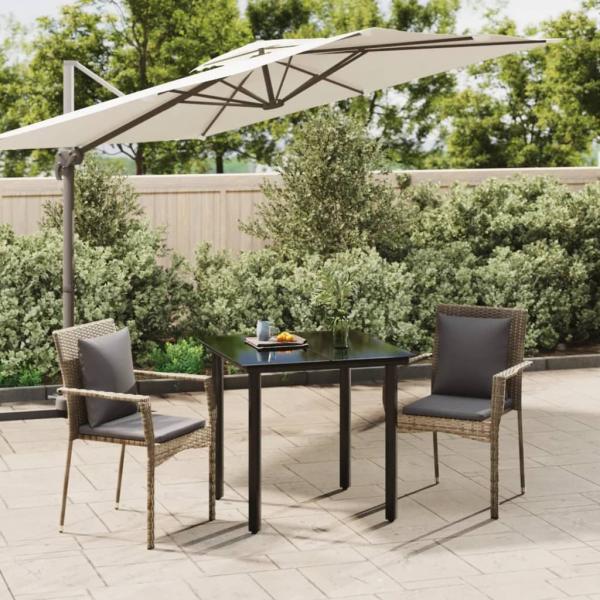 ARDEBO.de - 3-tlg. Garten-Essgruppe mit Kissen Schwarz und Grau Poly Rattan