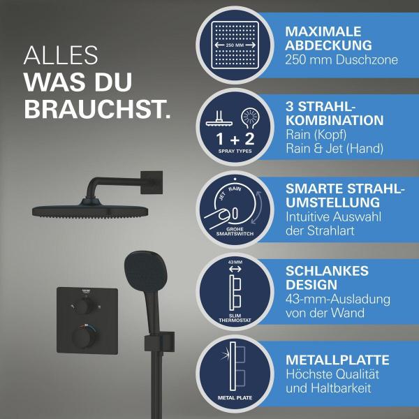 GROHE Precision Thermostat Duschsystem, Unterputz, Quickfix, mit Vitalio Comfort 250, mattschwarz (348822430)