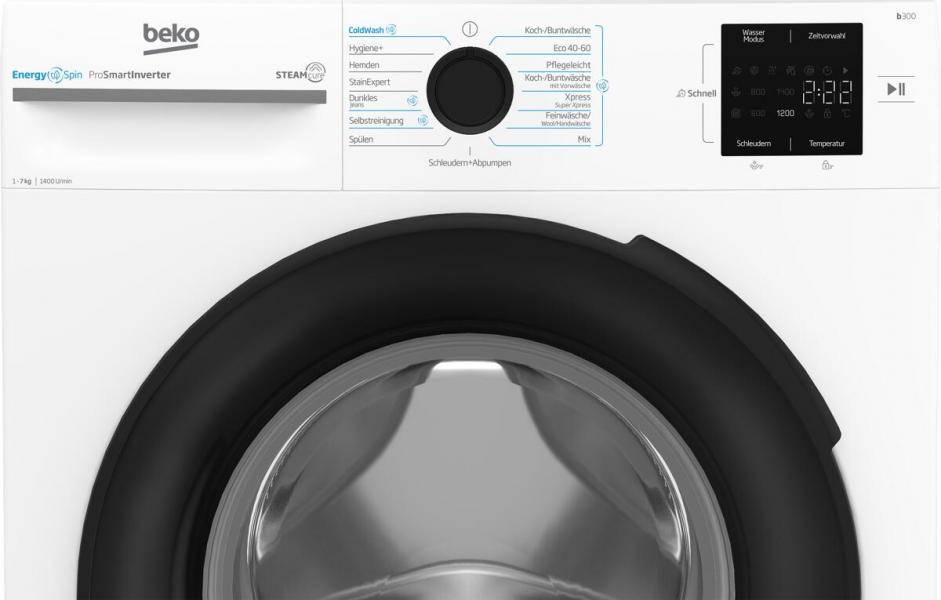 Beko BM3WFU3741X 7 kg Frontlader Waschmaschine, 60 cm breit, 1400 U/Min, EnergySpin, Kindersicherung, 15 Programme, SteamCure, weiß