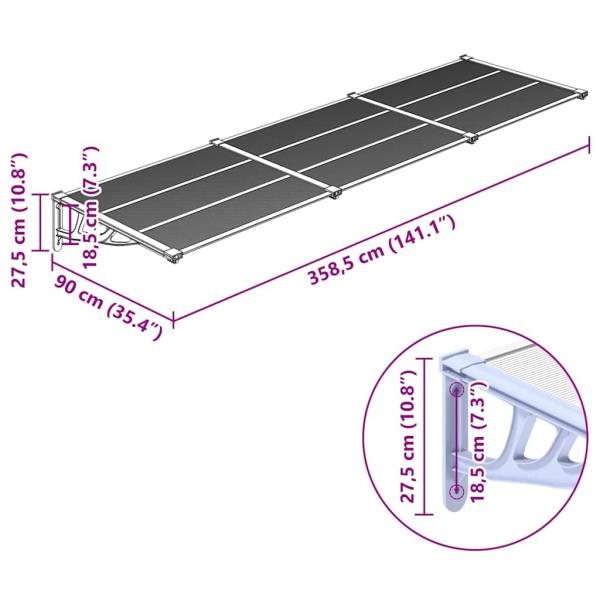 Türvordach Grau und Transparent 358,5x90 cm Polycarbonat