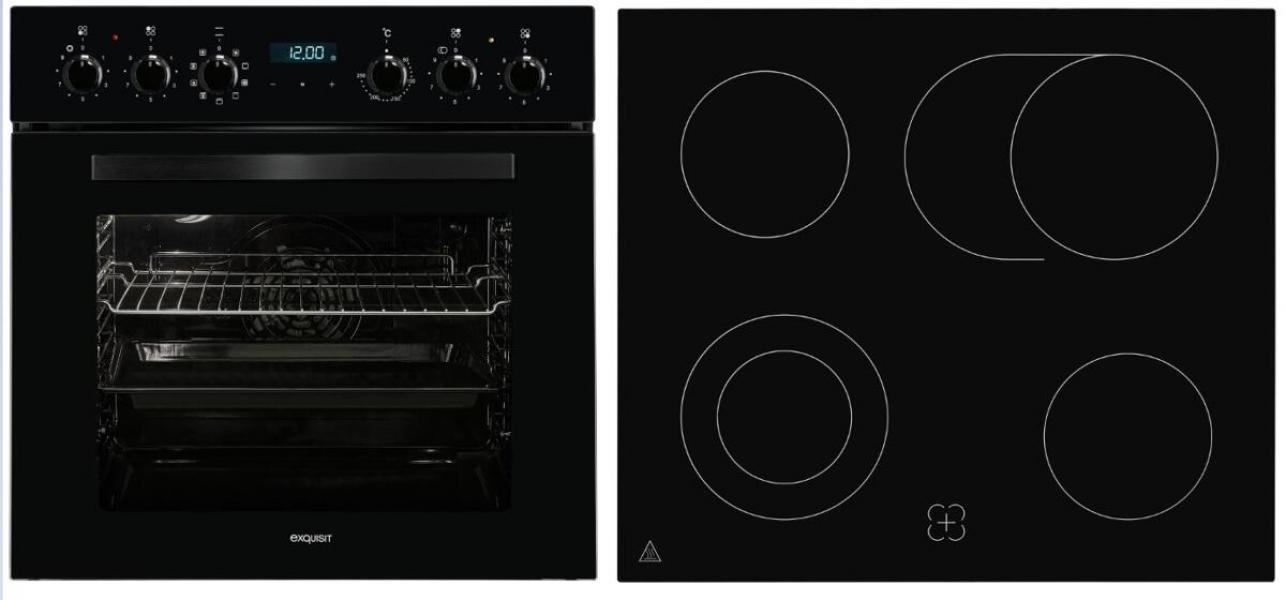 ARDEBO.de Exquisit EHE285-HBZ-020 EEK: A Einbau Herdset mit Glaskeramikkochfeld, 59 cm breit, 75 L, 9 Funktionen, Grill, Pizzafunktion, Timer, schwarz