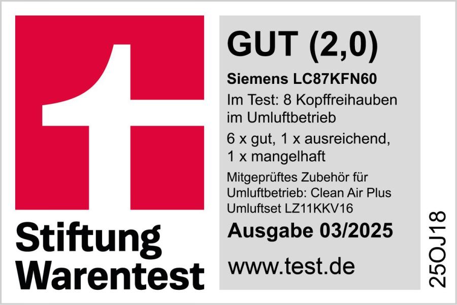 Siemens LC87KFN60 iQ300 A+ Kopffreihaube, 80 cm breit, 768 m³/h, cook Connect System, iQdrive Motor, Leistung 3-stufig + 1 Intensiv, Klarglas, schwarz bedruckt