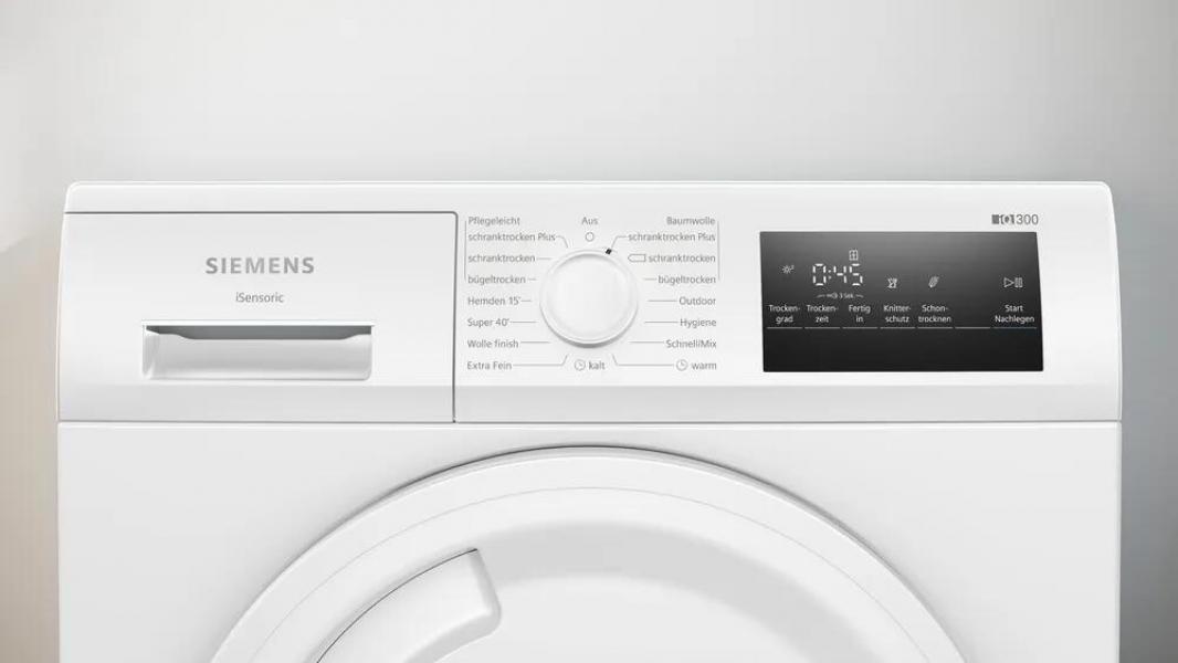 Siemens WT43N203 iQ300 8kg Kondensationstrockner, 60 m breit, softDry-Trommelsystem, Outdoor-Programm, Knitterschutz, weiß