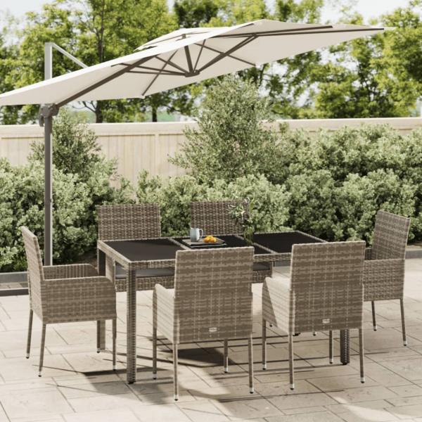 ARDEBO.de - 7-tlg. Garten-Essgruppe mit Kissen Grau Poly Rattan