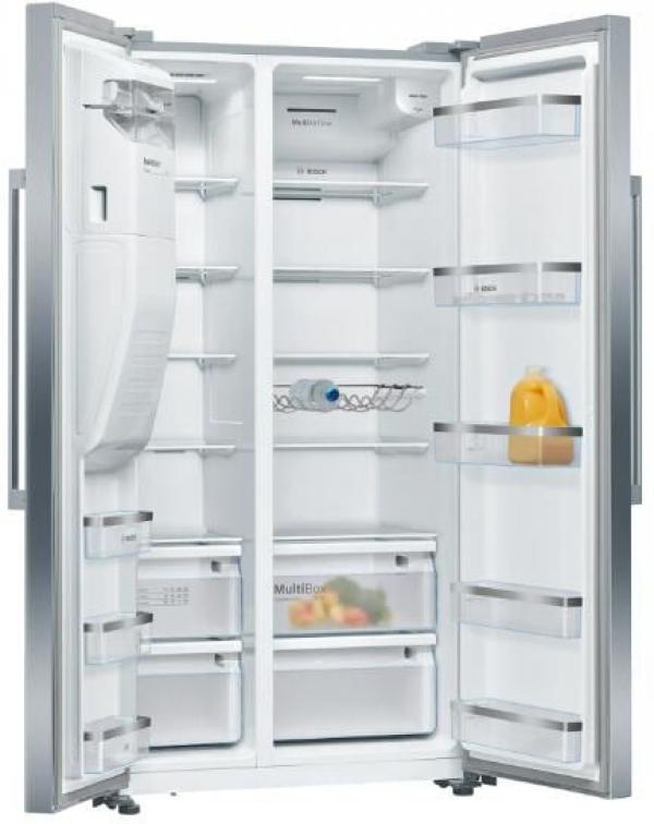 Bosch KAD93AIDP Serie 6 Stand Side-by-Side Kombination, 91 cm breit, 562 L, NoFrost, Crushed Eis, Eiswürfel, kaltes Trinkwasser, Festwasseranschluss, Gebürsteter Stahl Anti Fingerprint
