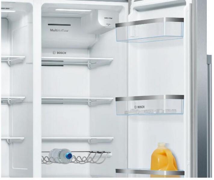 Bosch KAD93AIDP Serie 6 Stand Side-by-Side Kombination, 91 cm breit, 562 L, NoFrost, Crushed Eis, Eiswürfel, kaltes Trinkwasser, Festwasseranschluss, Gebürsteter Stahl Anti Fingerprint