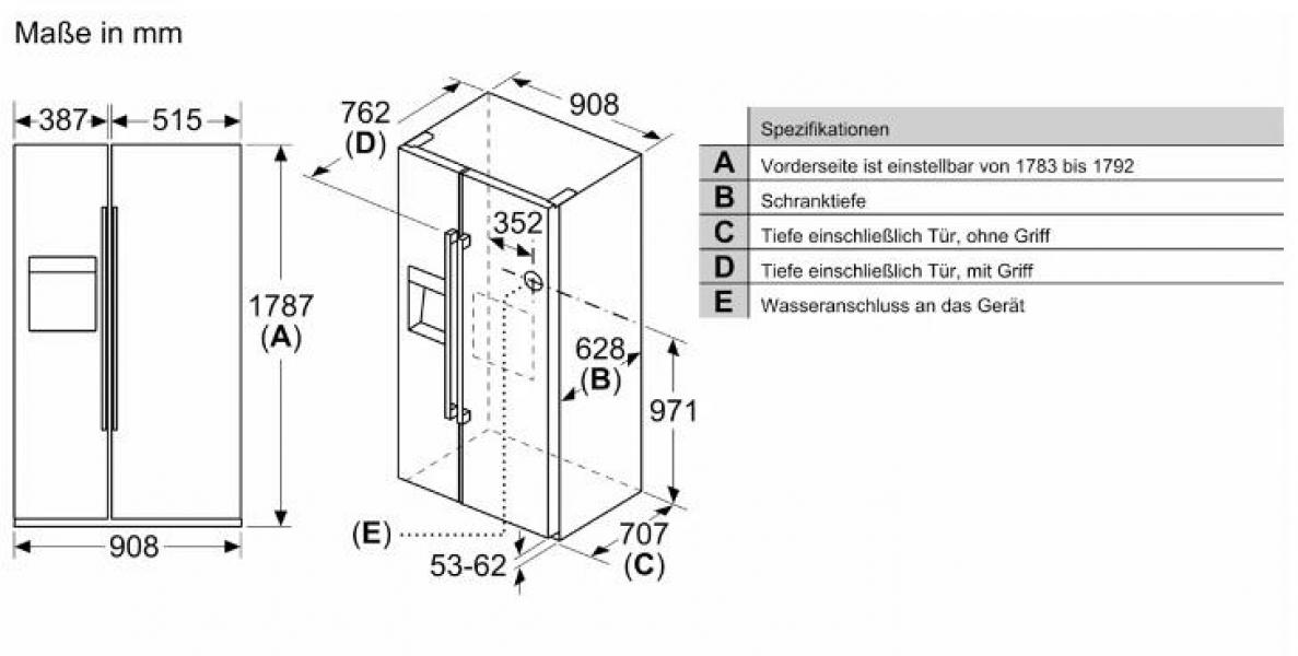 Bosch KAD93AIDP Serie 6 Stand Side-by-Side Kombination, 91 cm breit, 562 L, NoFrost, Crushed Eis, Eiswürfel, kaltes Trinkwasser, Festwasseranschluss, Gebürsteter Stahl Anti Fingerprint