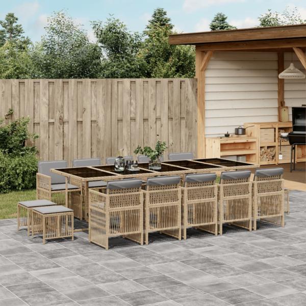 ARDEBO.de - 15-tlg. Garten-Essgruppe mit Kissen Beigemischung Poly Rattan