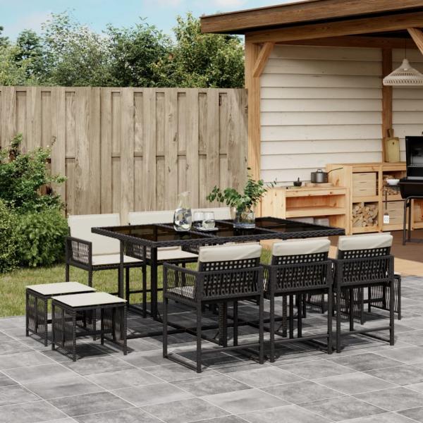 ARDEBO.de - 11-tlg. Garten-Essgruppe mit Kissen Schwarz Poly Rattan