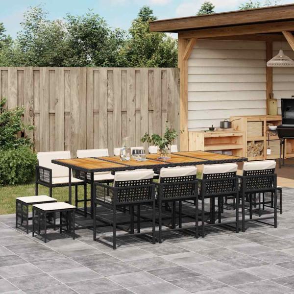 ARDEBO.de - 13-tlg. Garten-Essgruppe mit Kissen Schwarz Poly Rattan