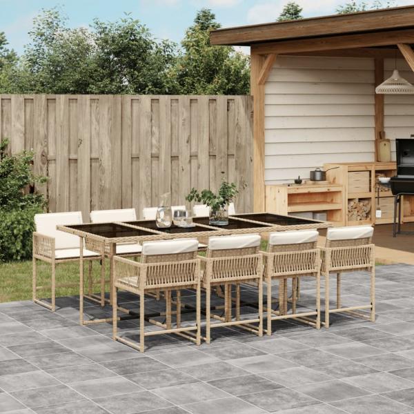 ARDEBO.de - 9-tlg. Garten-Essgruppe mit Kissen Beige Poly Rattan