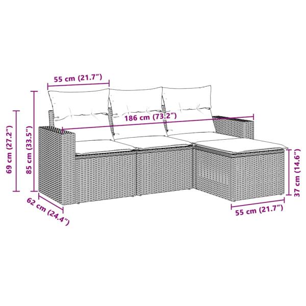 4-tlg. Garten-Sofagarnitur mit Kissen Hellgrau Poly Rattan