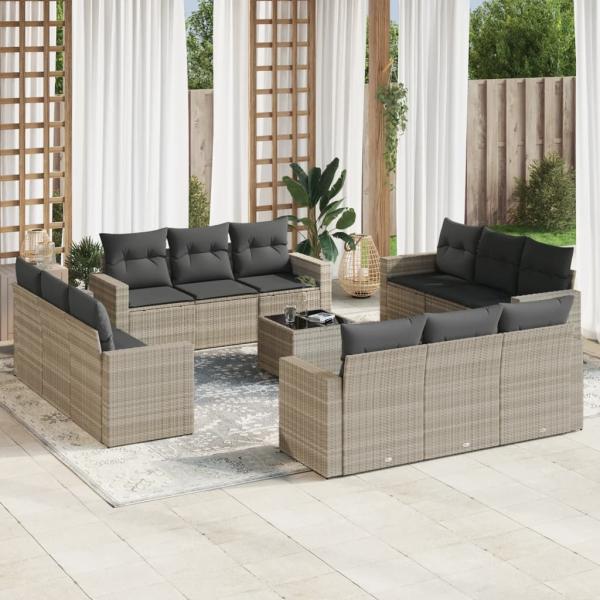 ARDEBO.de - 13-tlg. Garten-Sofagarnitur mit Kissen Hellgrau Poly Rattan