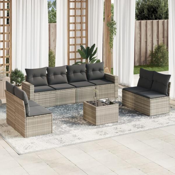 ARDEBO.de - 9-tlg. Garten-Sofagarnitur mit Kissen Hellgrau Poly Rattan