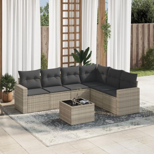 ARDEBO.de - 7-tlg. Garten-Sofagarnitur mit Kissen Hellgrau Poly Rattan
