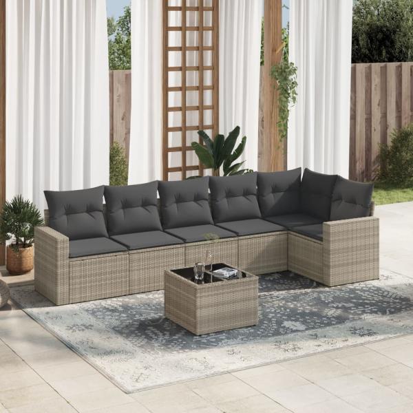 ARDEBO.de - 7-tlg. Garten-Sofagarnitur mit Kissen Hellgrau Poly Rattan