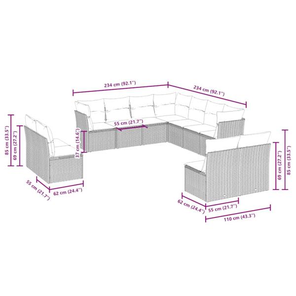 ARDEBO.de - 11-tlg. Garten-Sofagarnitur mit Kissen Hellgrau Poly Rattan