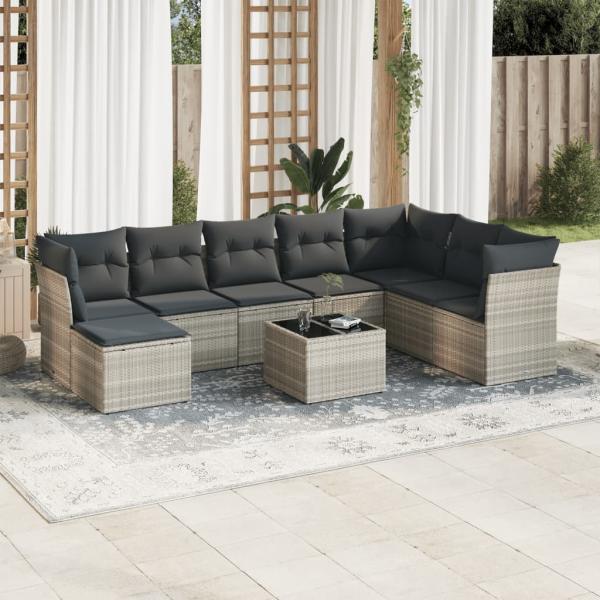 ARDEBO.de - 9-tlg. Garten-Sofagarnitur mit Kissen Hellgrau Poly Rattan