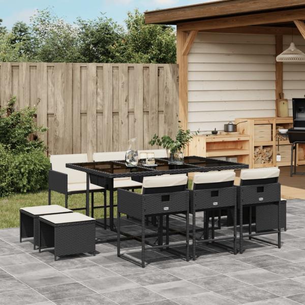 ARDEBO.de - 11-tlg. Garten-Essgruppe mit Kissen Schwarz Poly Rattan