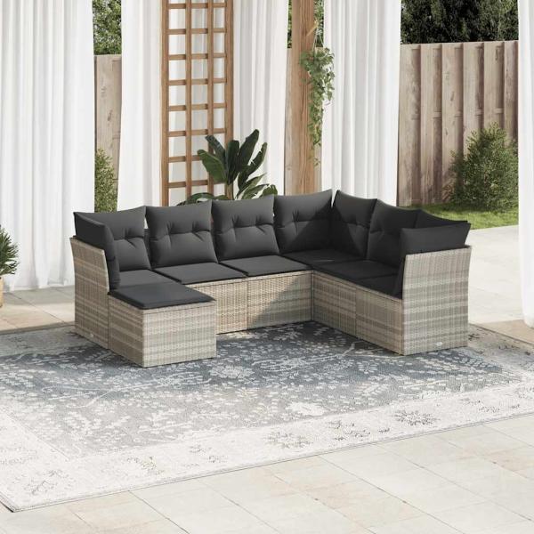 ARDEBO.de - 7-tlg. Garten-Sofagarnitur mit Kissen Hellgrau Poly Rattan