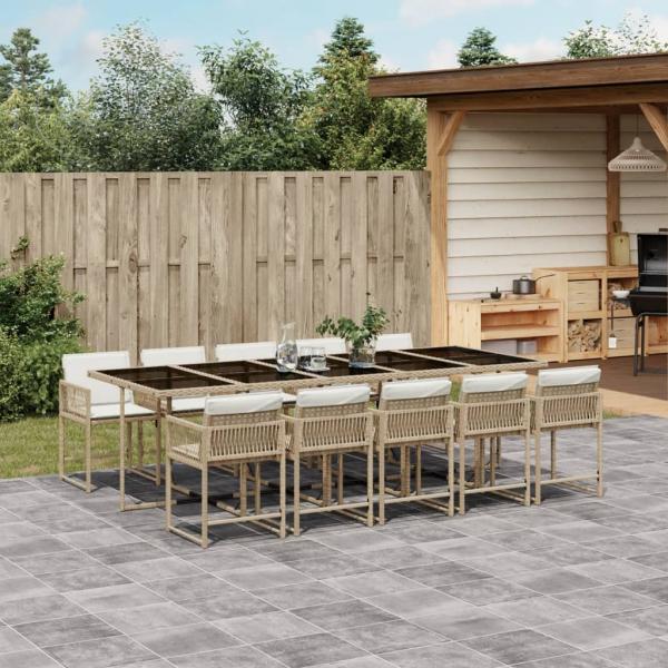 ARDEBO.de - 11-tlg. Garten-Essgruppe mit Kissen Beige Poly Rattan