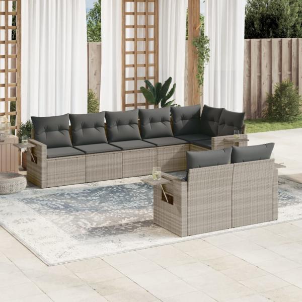 ARDEBO.de - 8-tlg. Garten-Sofagarnitur mit Kissen Hellgrau Poly Rattan