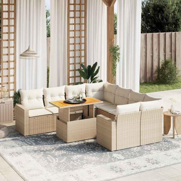 ARDEBO.de - 9-tlg. Garten-Sofagarnitur mit Kissen Beige Poly Rattan