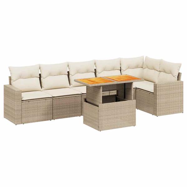 7-tlg. Garten-Sofagarnitur mit Kissen Beige Poly Rattan
